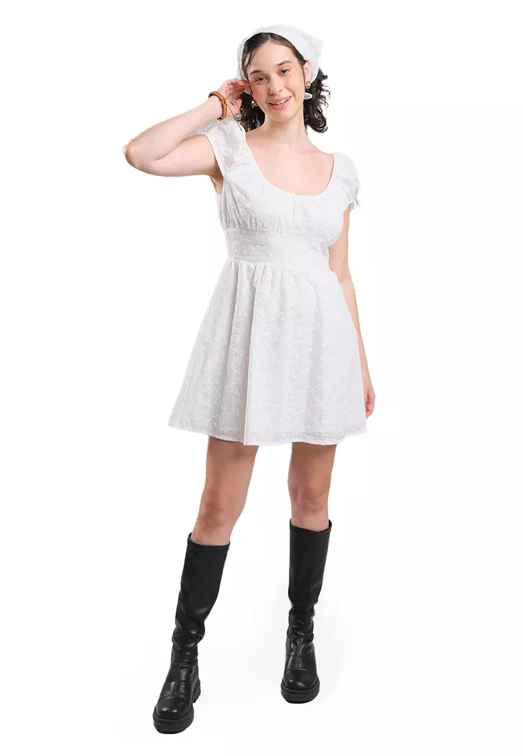 Embroidered Cotton Short Dress With Puff Sleeves