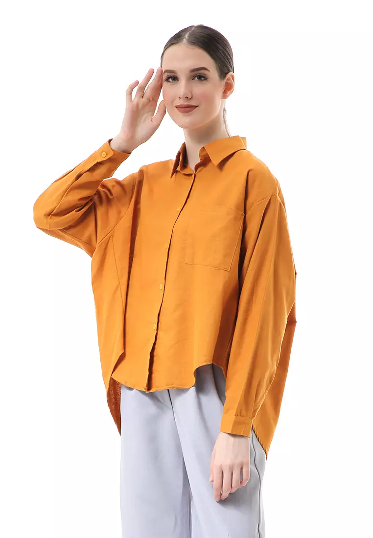 Nandira Kemeja Atasan Wanita Oversize Motif Polos Long Sleeve - Bata