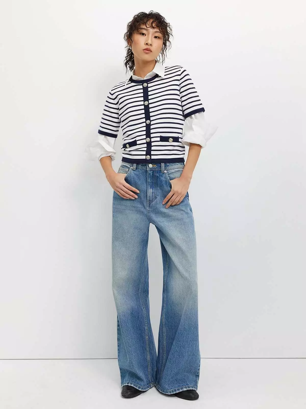 Buttoned Striped Top - Navy/White