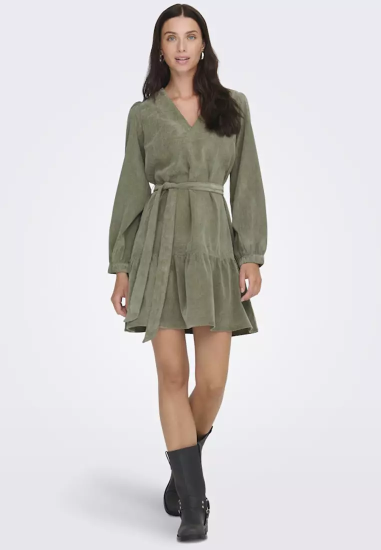 Long Sleeve Cord Belt Dress