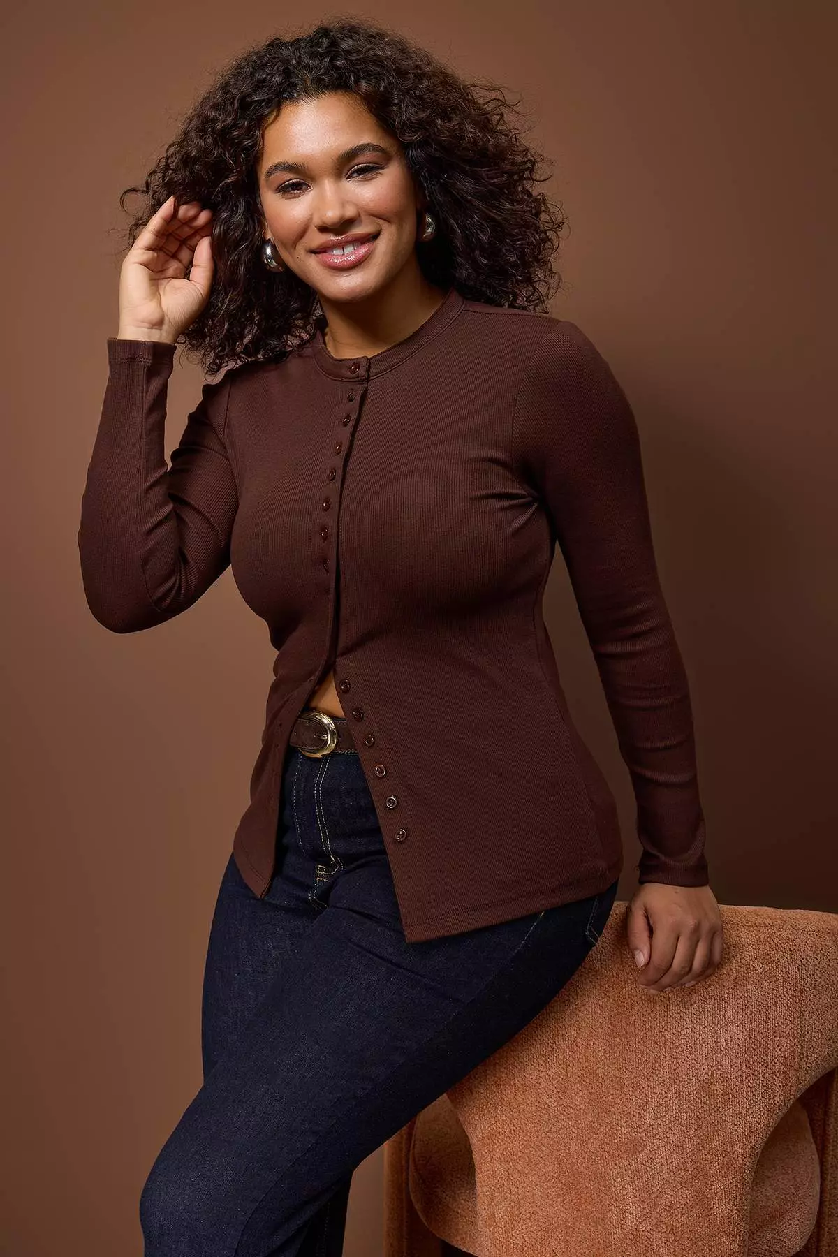 Brown Ribbed Knit Knitted Plus Size Blouse Tbbaw26Af00123