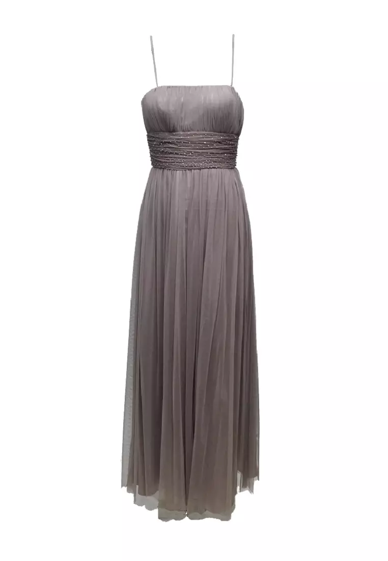Beading mesh splicing deals pleated maxi dress