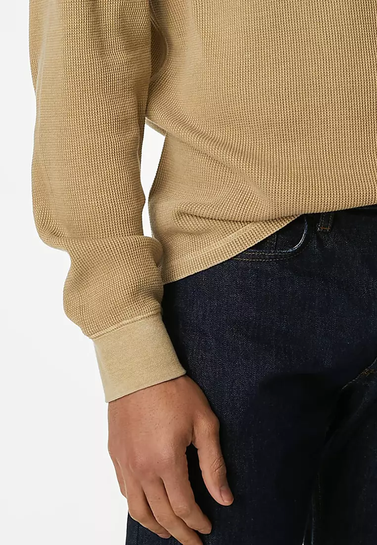 Pure Cotton Waffle Henley Long Sleeve Top