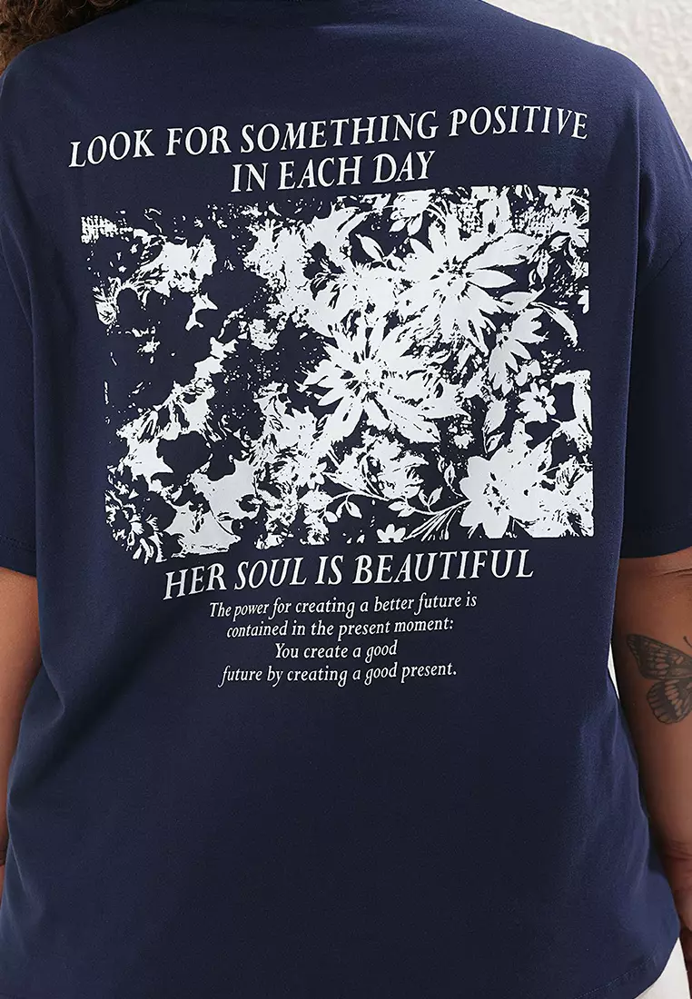 Navy Blue Oversize Fit 100% Cotton Front And Back Printed Knitted Plus Size T-Shirt Tbbss25Bf00002