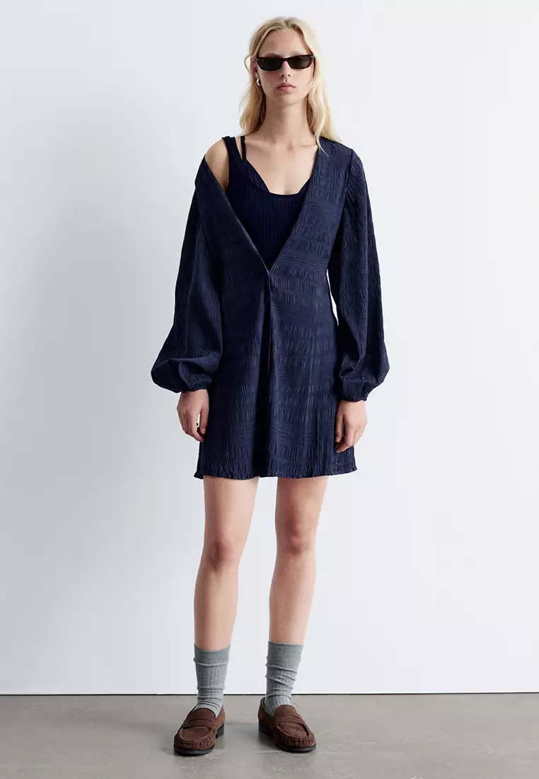 Smocked Balloon-Sleeved Mini Dress