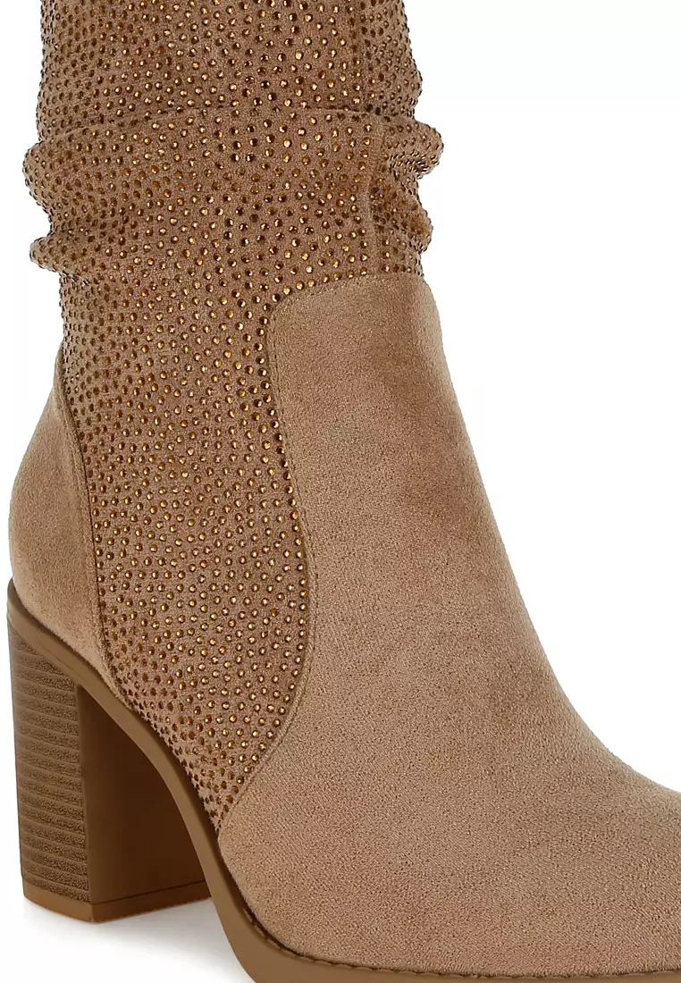 Sepatu bot longgar bertabur berlian imitasi warna krem