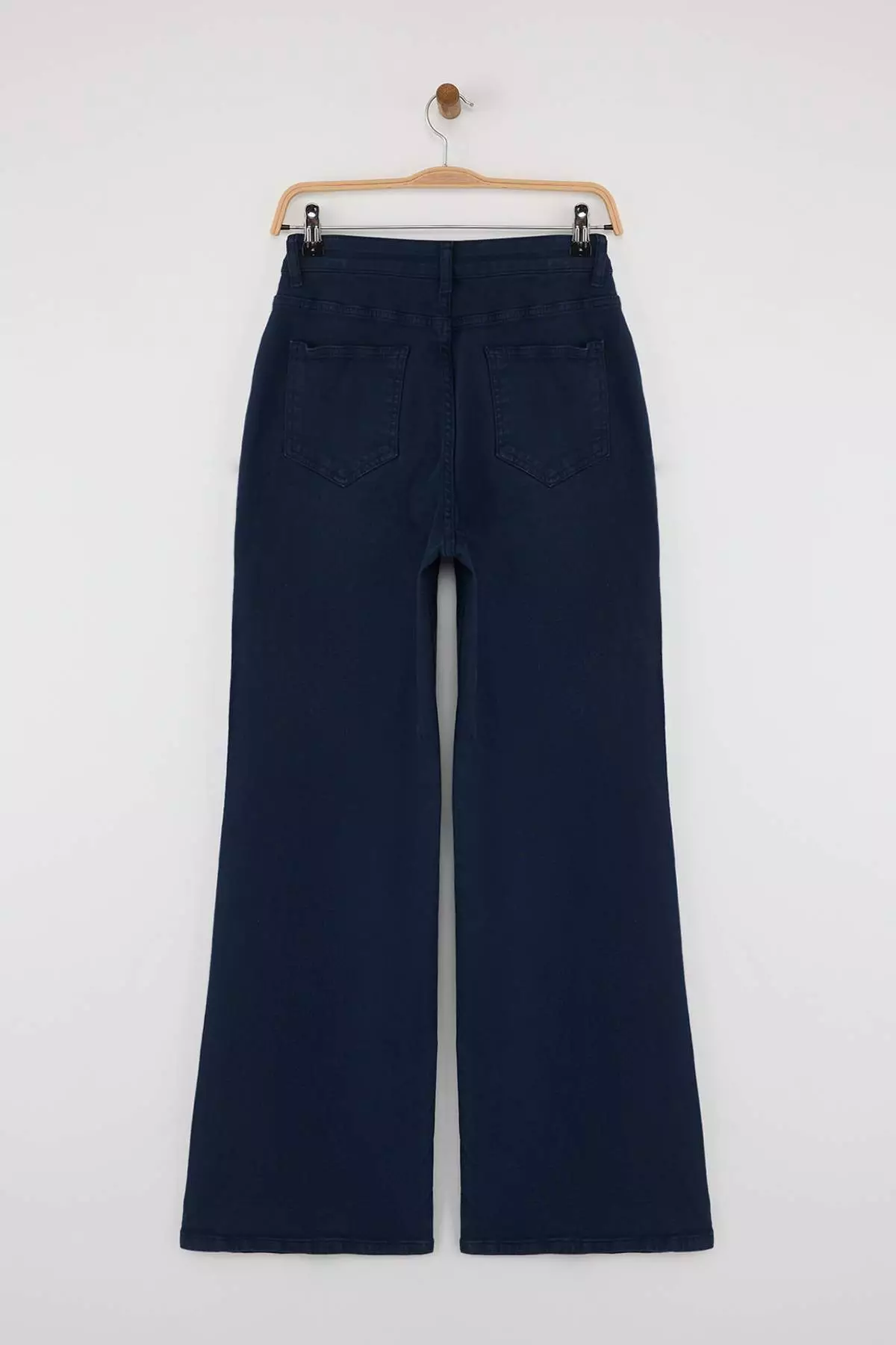 Navy Blue Button Detail High Waist Wide Leg Jeans