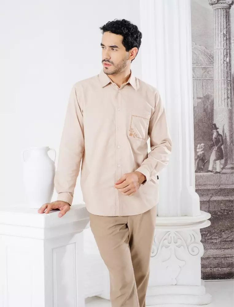 CLAY Menswear Khaki - Baju Koko Pria Lengan Panjang - Bahan Premium Cotton Blend
