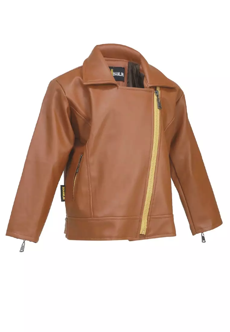 Fisca Jaket Kulit Anak Perempuan Zipper Design Motif Polos Material Leather ORIGINAL - Tan