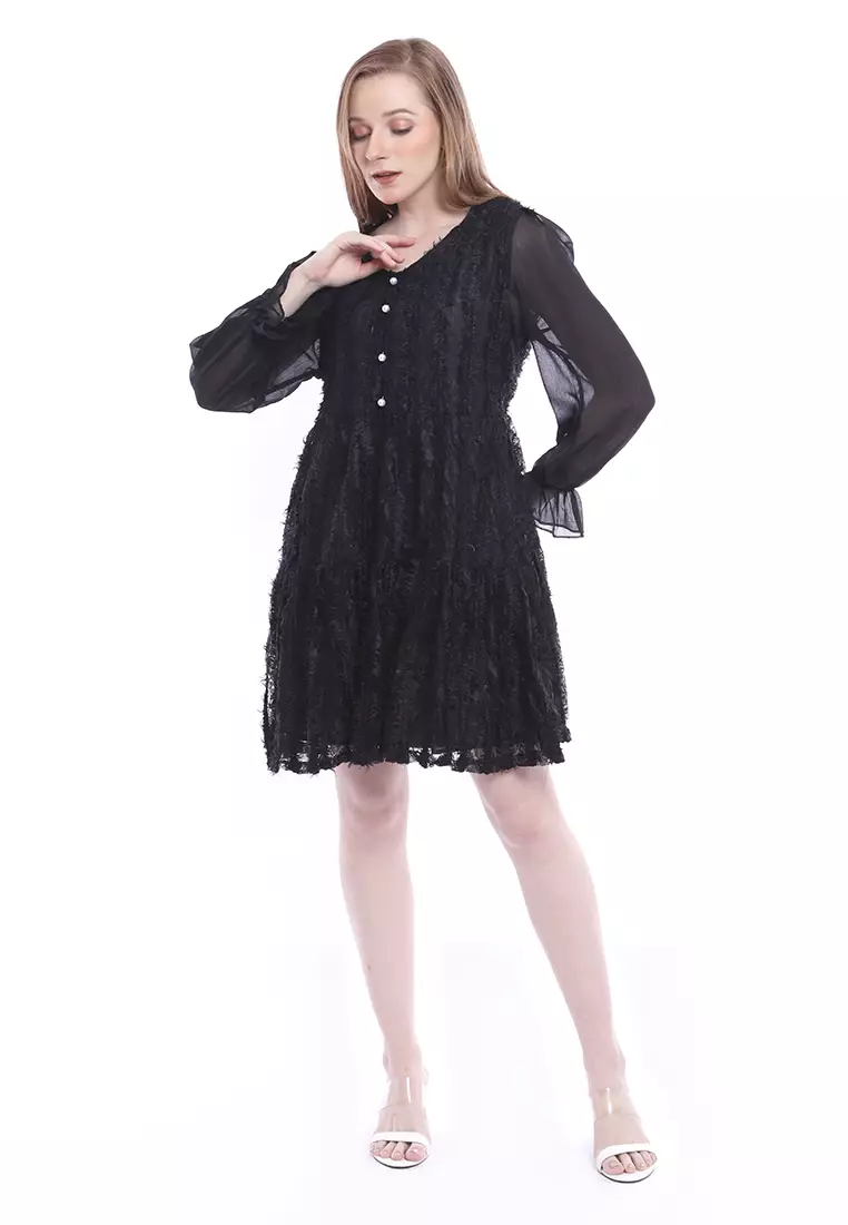 Ariel Mini Dress Wanita Long Sleeves Baju With Furry Design Elegant Regular Fit - Black