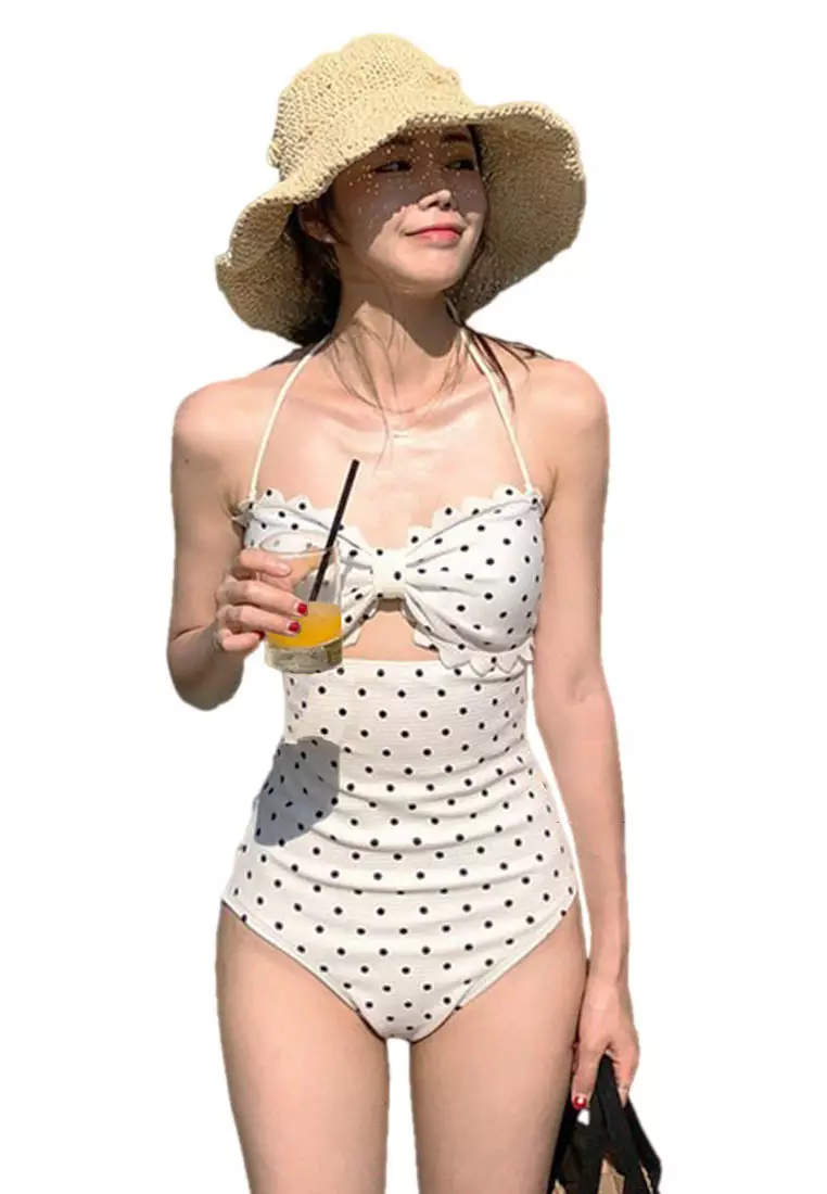 Buy ZITIQUE Black and white polka dot halterneck swimsuit 2024 Online