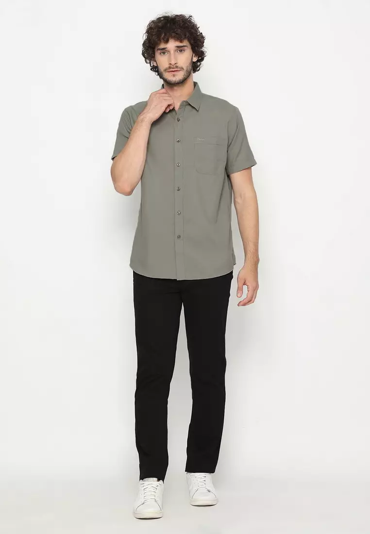 POLICE Kemeja Polos Basic Cotton Soft Grey Regular Fit Pria