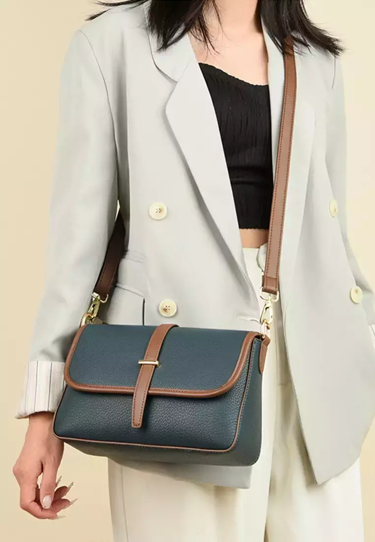 Color Matching Faux Leather Three Way Shoulder Bag