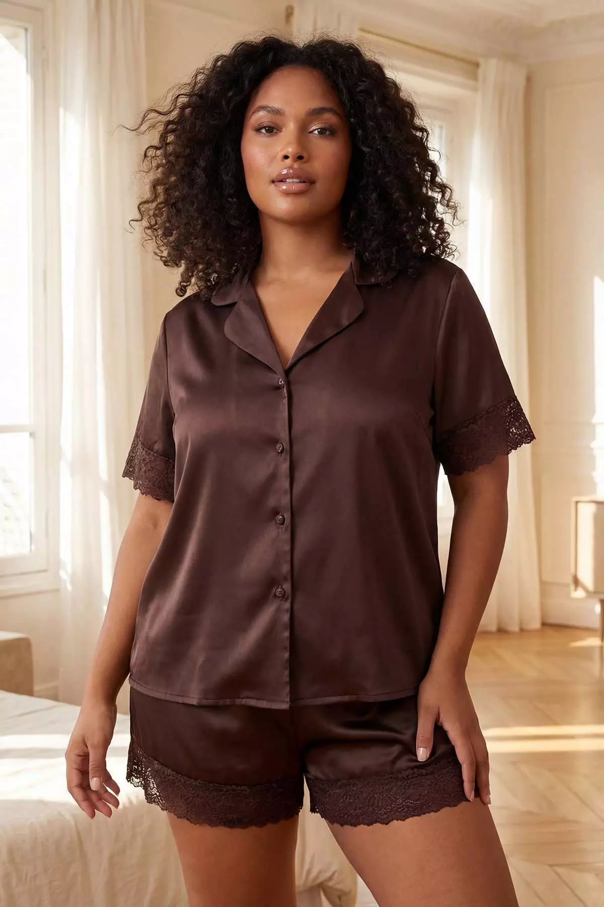 Brown Dowry Set Satin Shirt Collar Large Size Pajama Set Tbbss26Ai00068