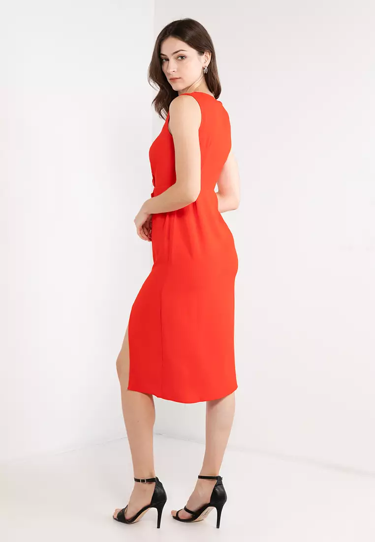 V Neck Front Slit Midi Dress
