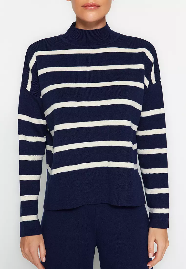 Navy Blue Striped Knitwear Trousers Bottom-Top Set TWOAW24AU00045