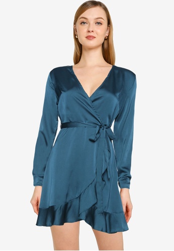 Teal ruffle satin tea dress clearance