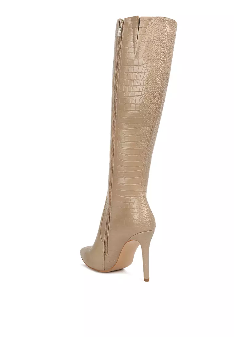 Beige croc best sale knee high boots
