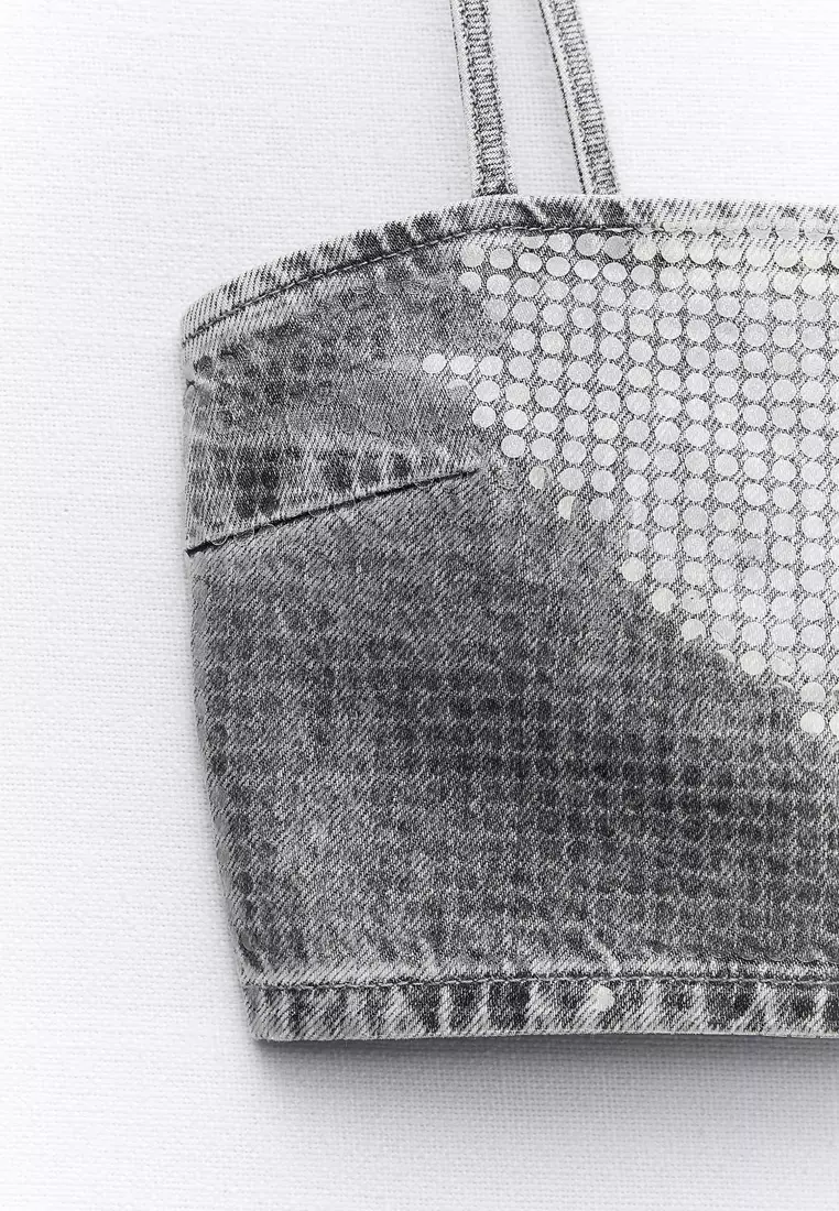 Sequin Foil Denim Crop Top