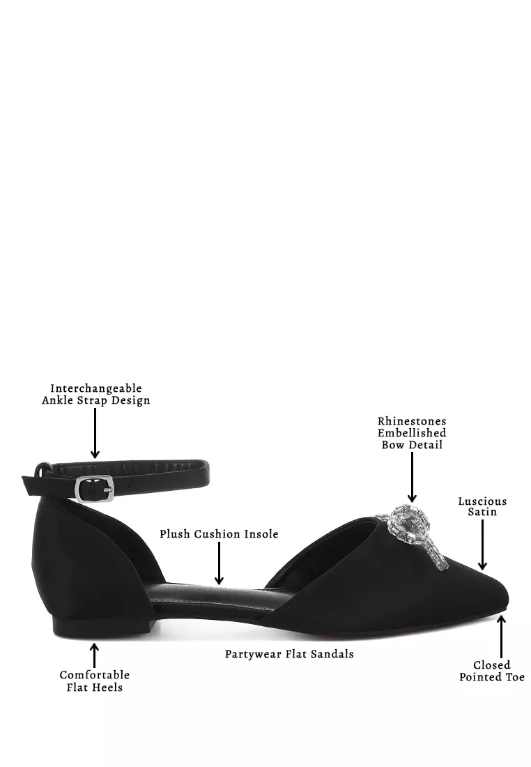 Rhinestone Detail Bow Flat Sandals in Black