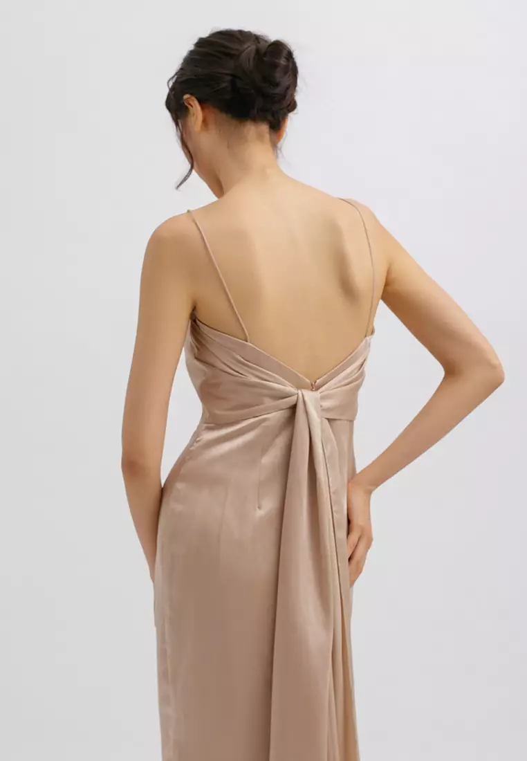 Square Neck Backless Tied Midi Dress in Gold