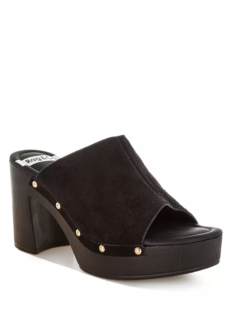 Soft Suede Leather Wooden Clogs In Black