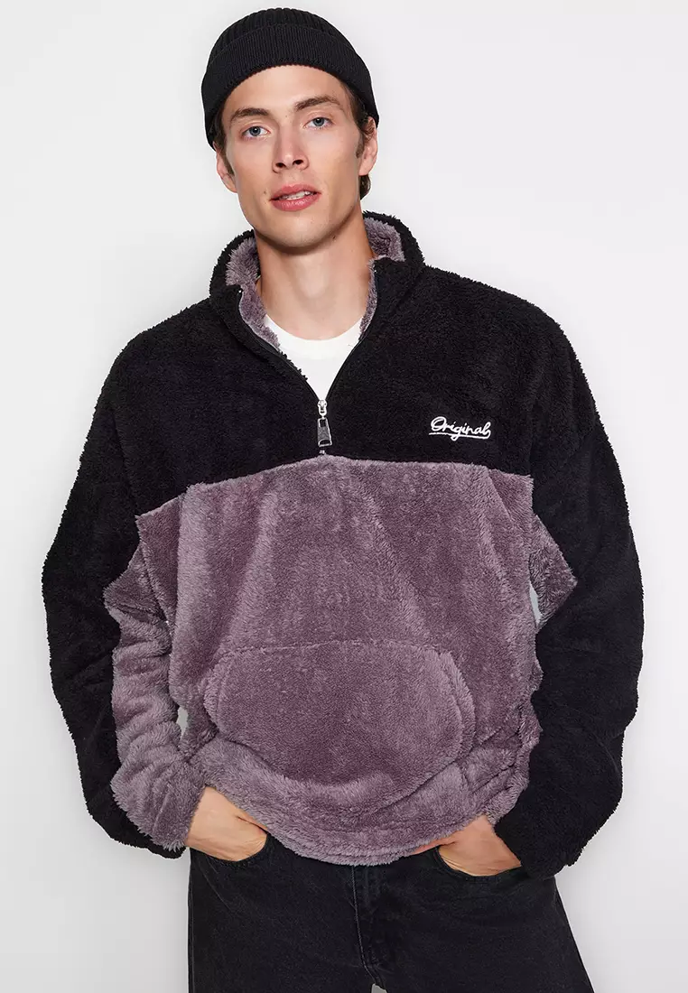 Stand Collar Zipper Color Block Color Block Thick Fleece/Plush Sweatshirt with Minimal Embroidery.