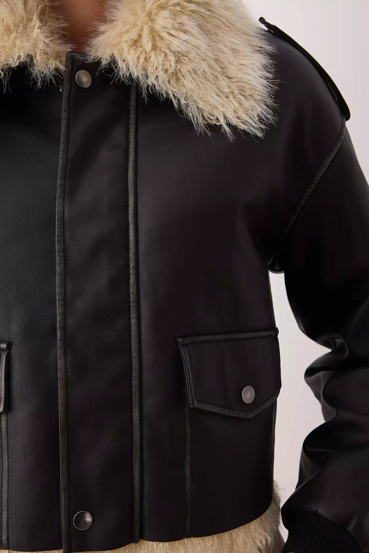 Black Regular Fit Fur Detailed Faux Leather Coat