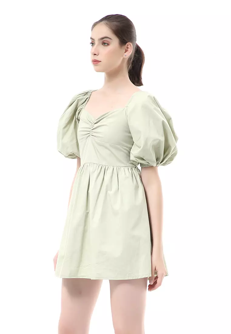 Rachel Dress Wanita Ballerina Pluffy Baloon Sleeve Simple Elegant Material Cotton ORIGINAL - Soft Green