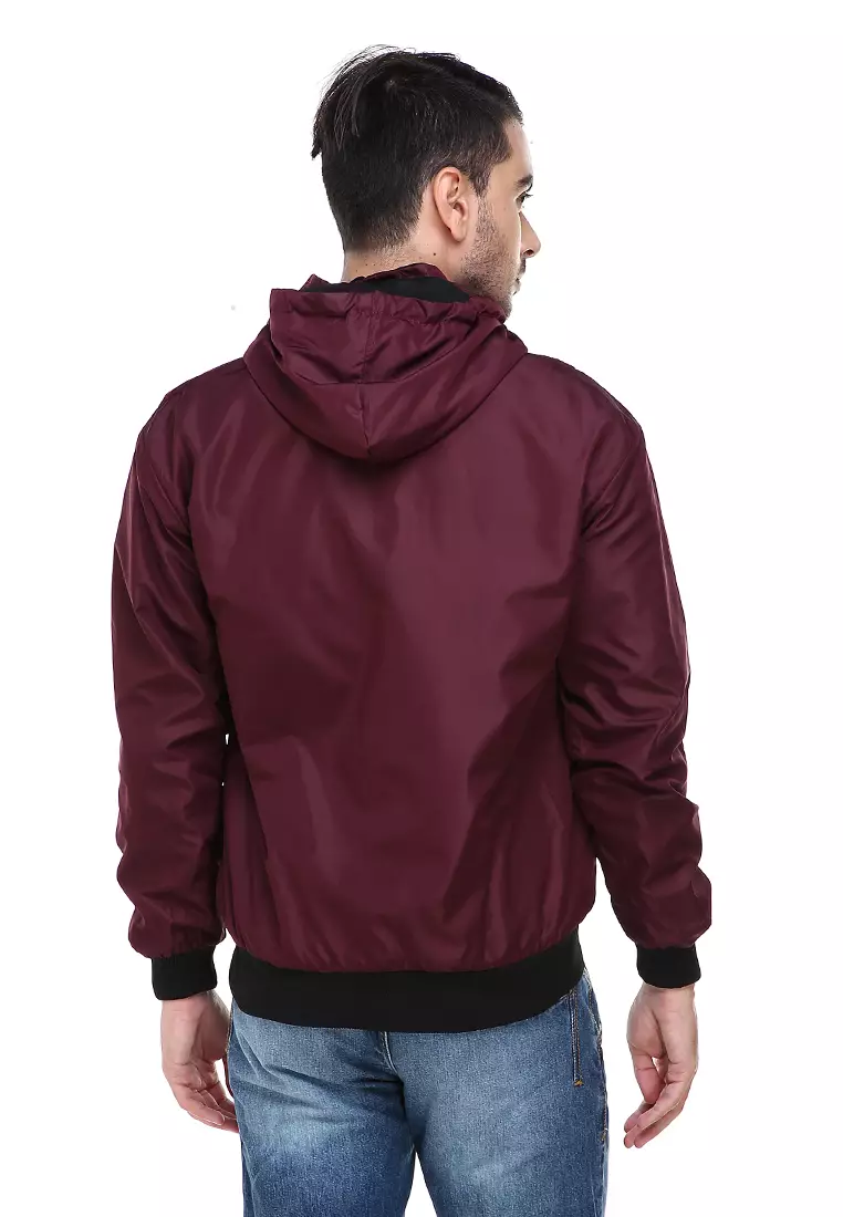 Clover Jaket Parasut Hoodie Pria 2 IN 1 Casual Jacket Two Tone Material Despo Parka Fleece ORIGINAL - Maroon black
