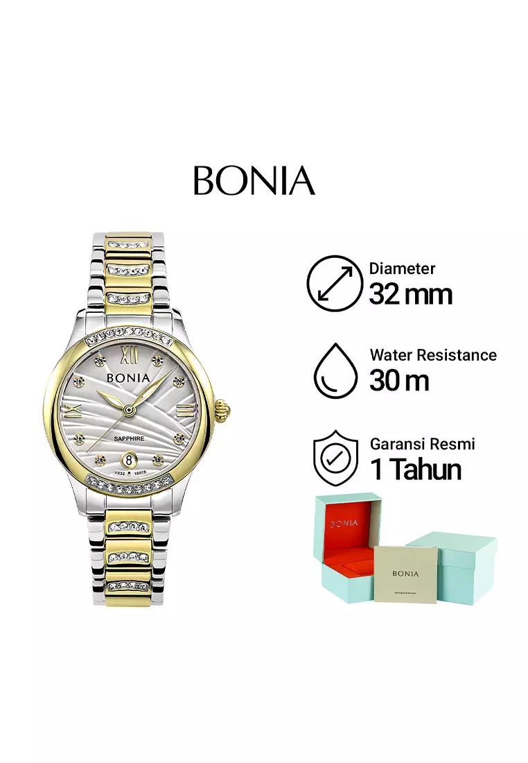 Bonia Sapphire Glass - Jam Tangan Analog Wanita - Silver Gold Stainless Steel - B10813-2113