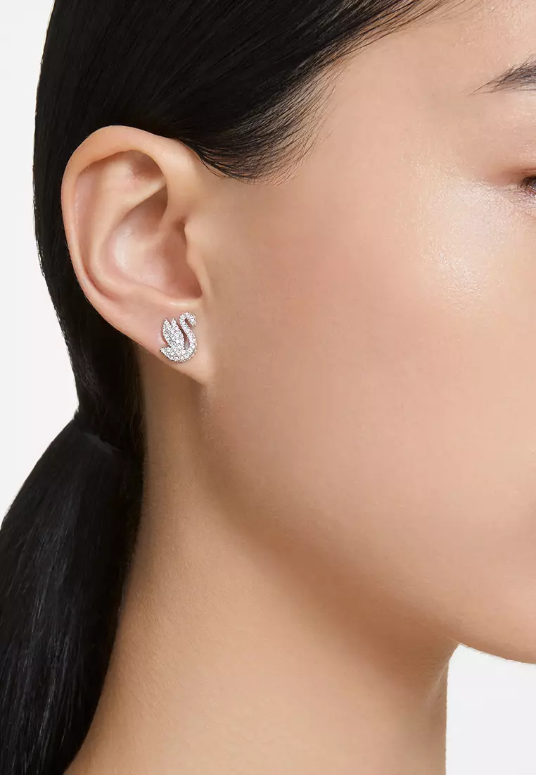 Iconic Swan Stud Earrings, Swan, White, Rhodium Plated