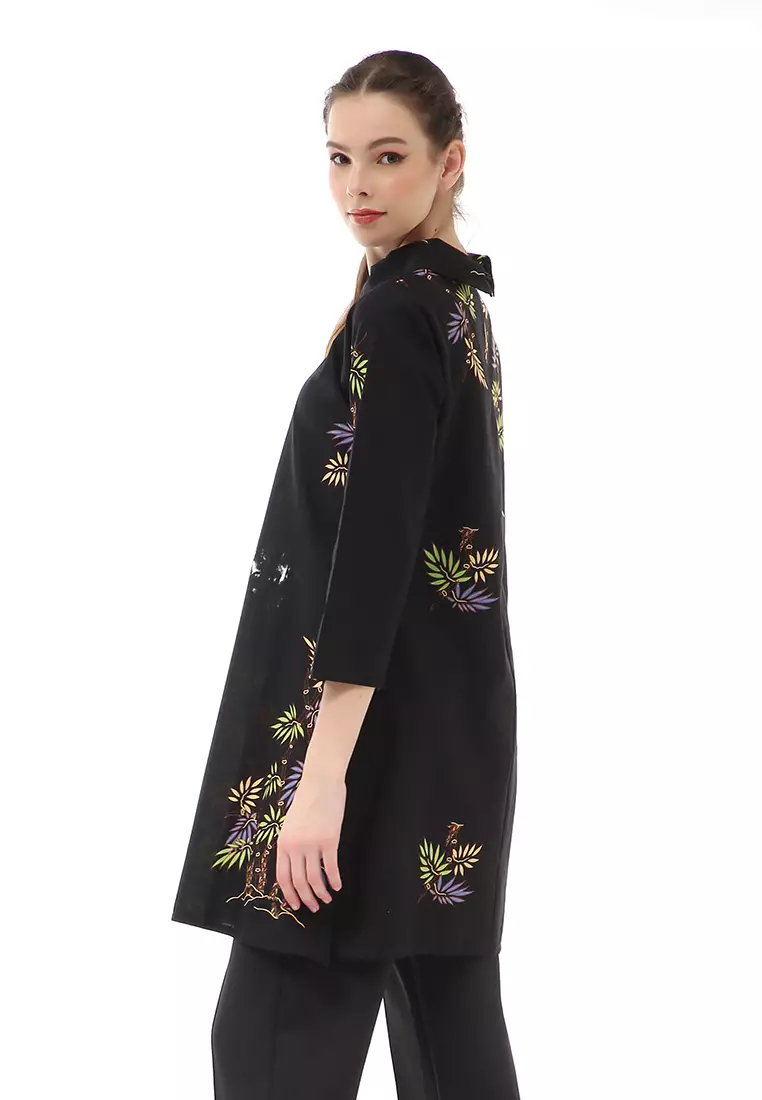 Olaf Atasan Batik Wanita Tunik Traditional Motive Desain Belah Tengah Material Cotton ORIGINAL - Black Blue