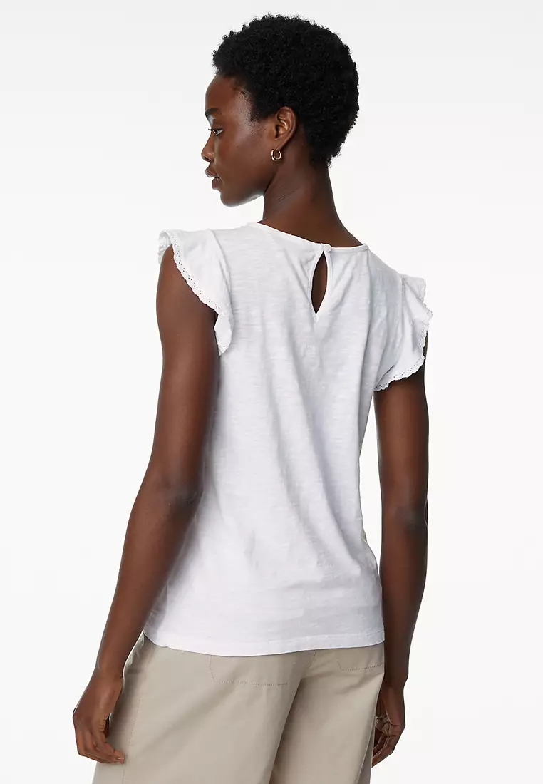 Pure Cotton Embroidered Frill Detail Top