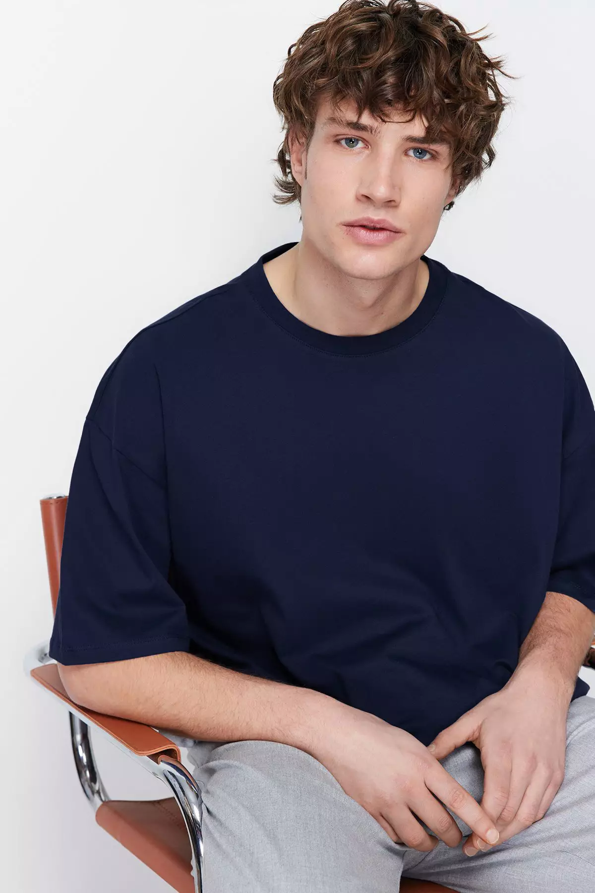 Navy Blue Oversize Crew Neck 100% Cotton T-Shirt - Tmnss22Ts0318