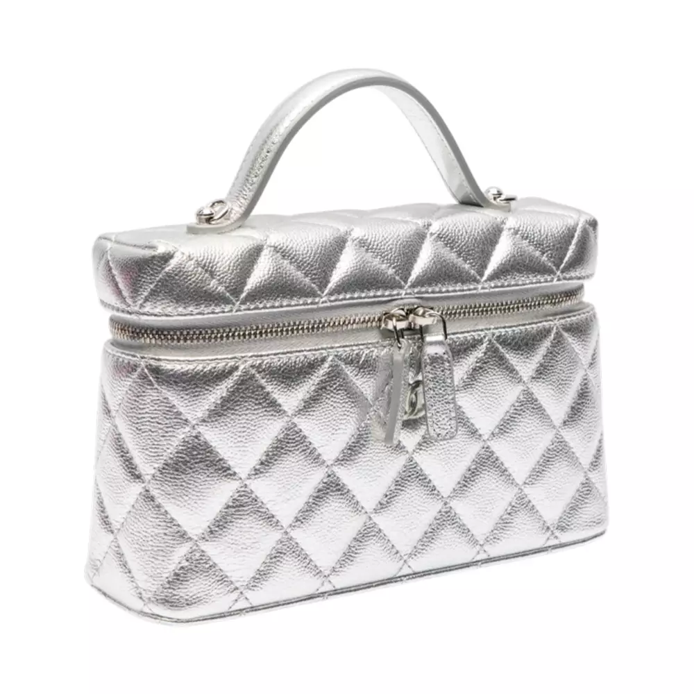 Vanity Clutch with Chain Caviar Silver Metallic Shw