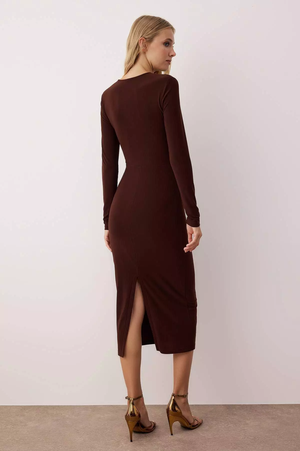 Brown Plain Accessory Detailed Knitted Sandy Midi Unlined Cocktail Dress