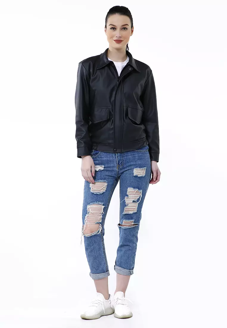 Poppy Jaket Kulit Wanita Big Pocket Motif Polos Material Leather ORIGINAL - Black