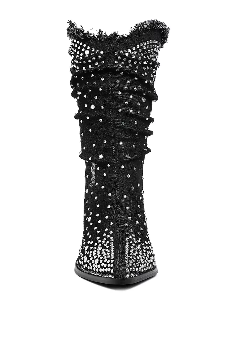 Diamante & Rhinestones Denim Boots in Black