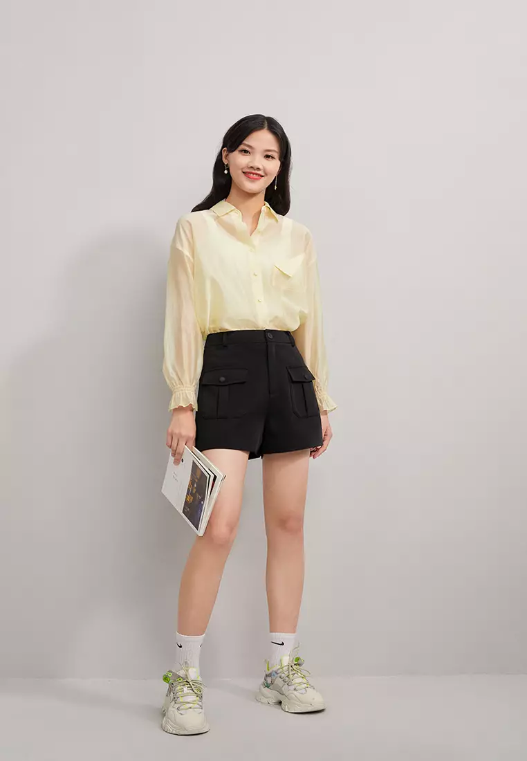 Cropped Button Blouse with Waist Tie