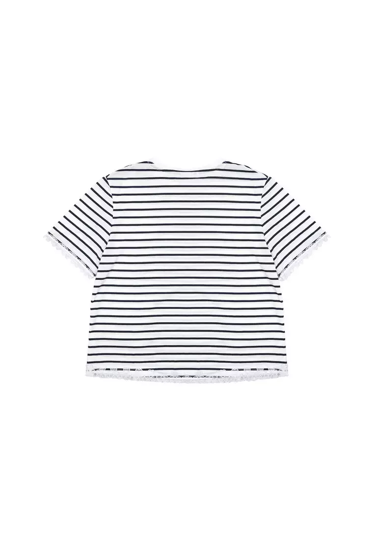 3Second Women's Stripe T-Shirt Short Sleeve Boxy Fit Lace Charlotte HP-C100126