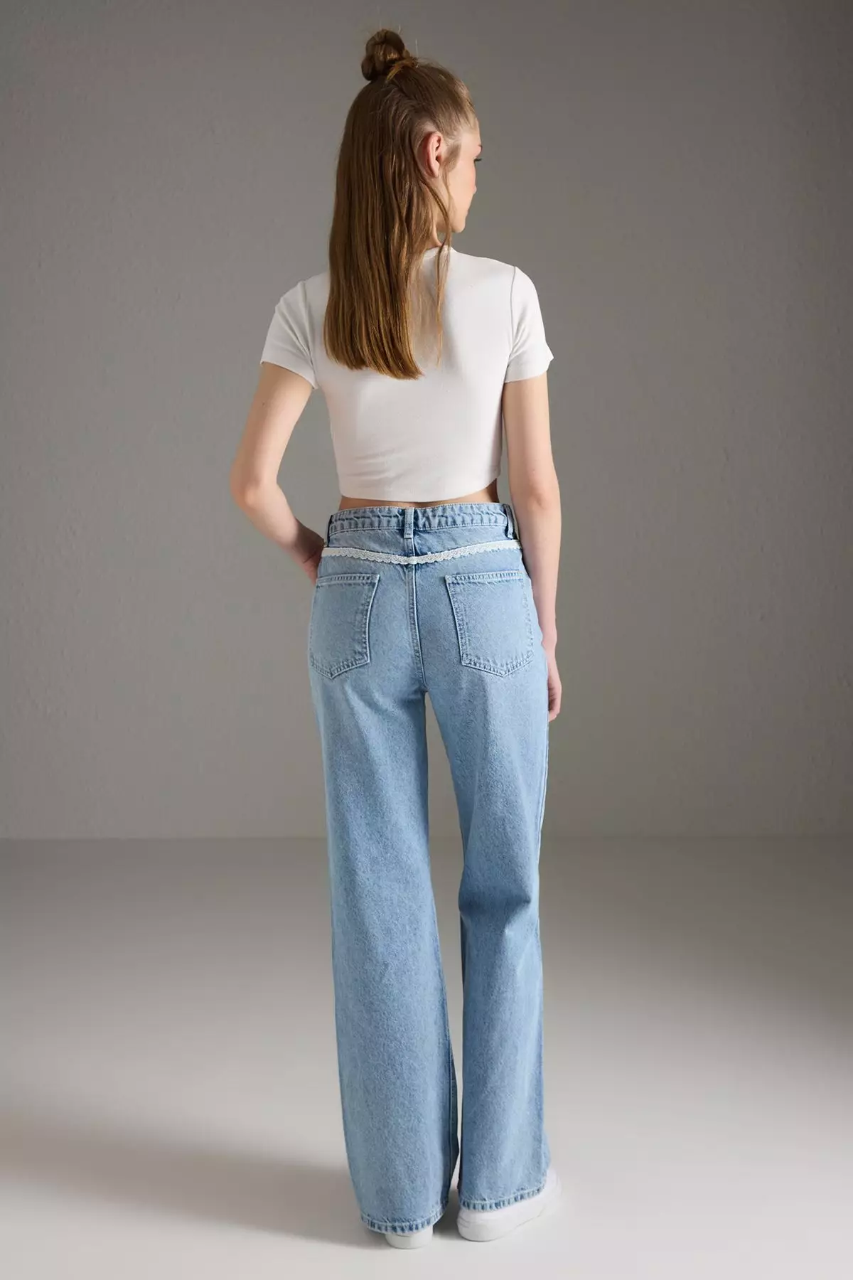 Blue Lace Detailed High Waist Wide Leg Jeans Twoss25Je00227