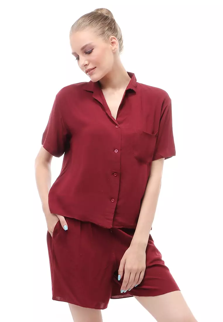 Avalee Setelan Wanita Simple Atasan Bawahan Motif Plain Relaxed Fit - Maroon