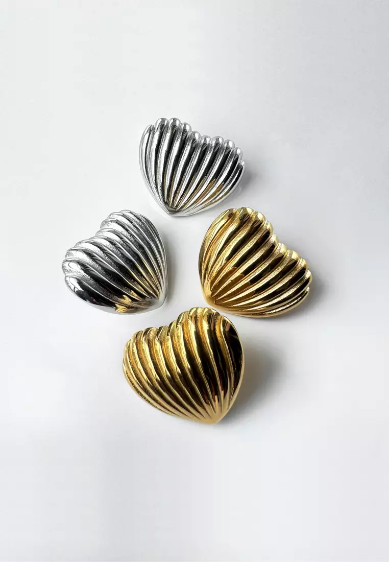 Ridged Heart White Gold layered Stud Earrings