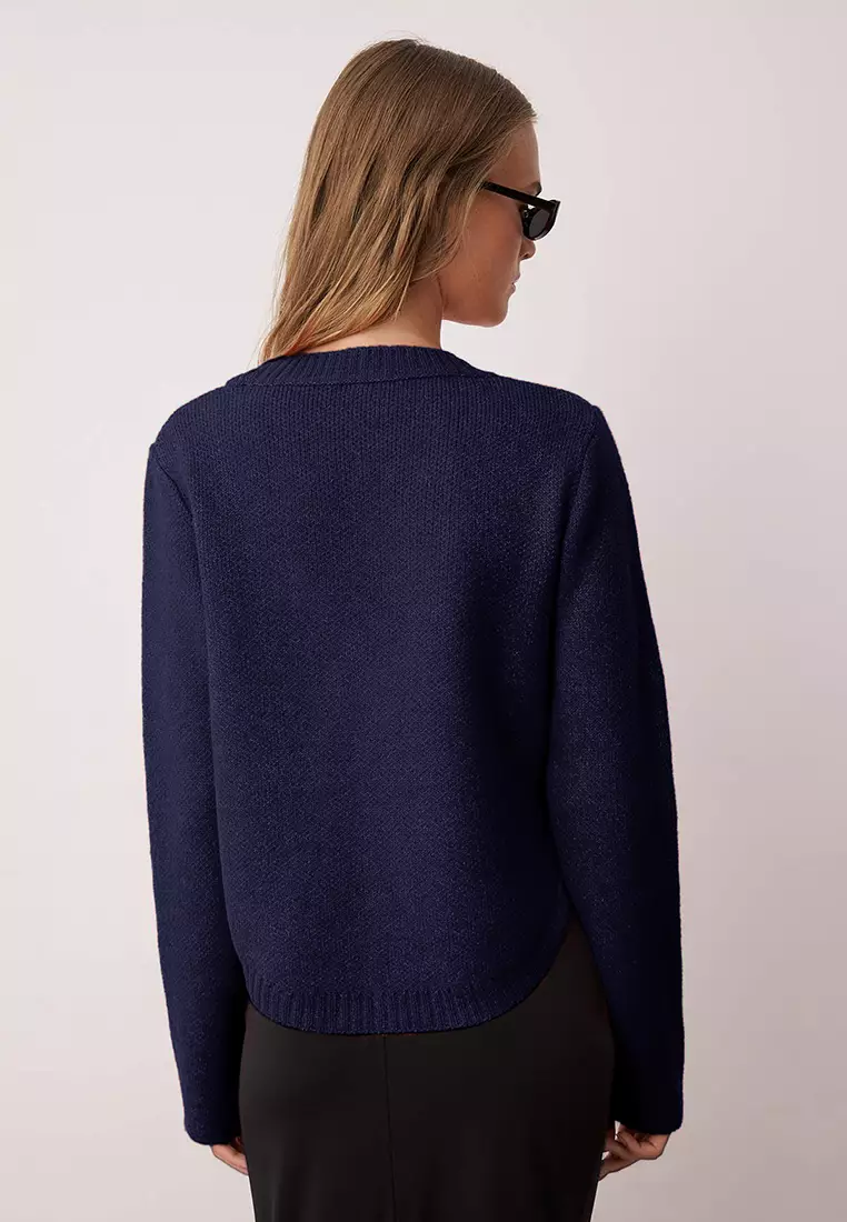 Navy Blue Wide-Cut Soft Textured Button Detailed Knitwear Sweater
