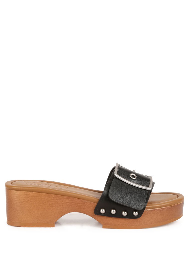 Black Buckle Strap Leather Slip Ons