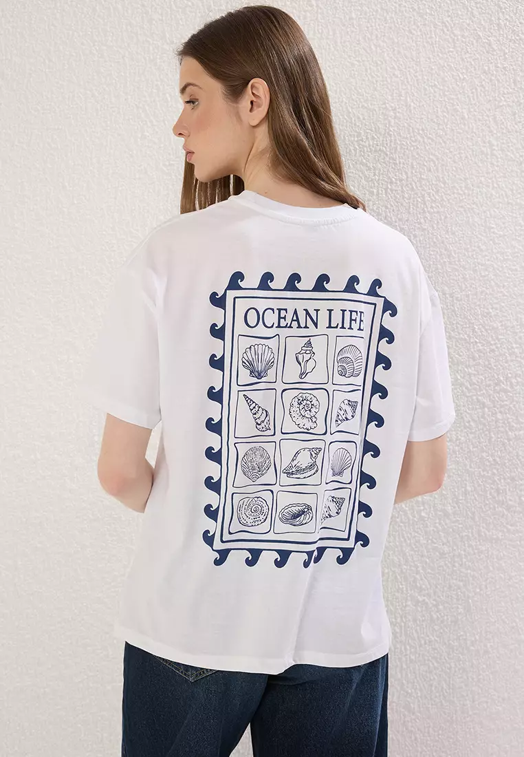 White Back Printed Oversize/Wide Pattern Knitted T-shirt TWOSS25TS00106