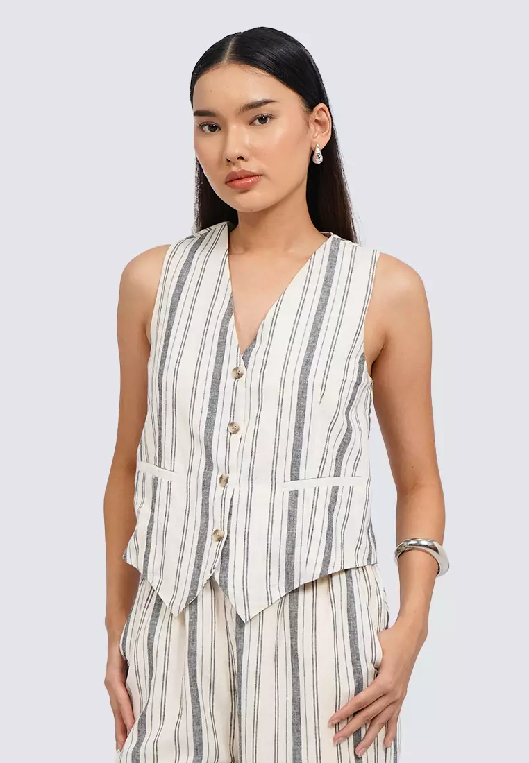 Stripes Linen Blend Vest OFF WHITE