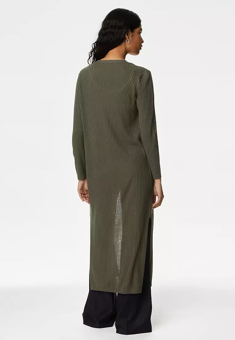 Ribbed Longline Cardigan with Linen