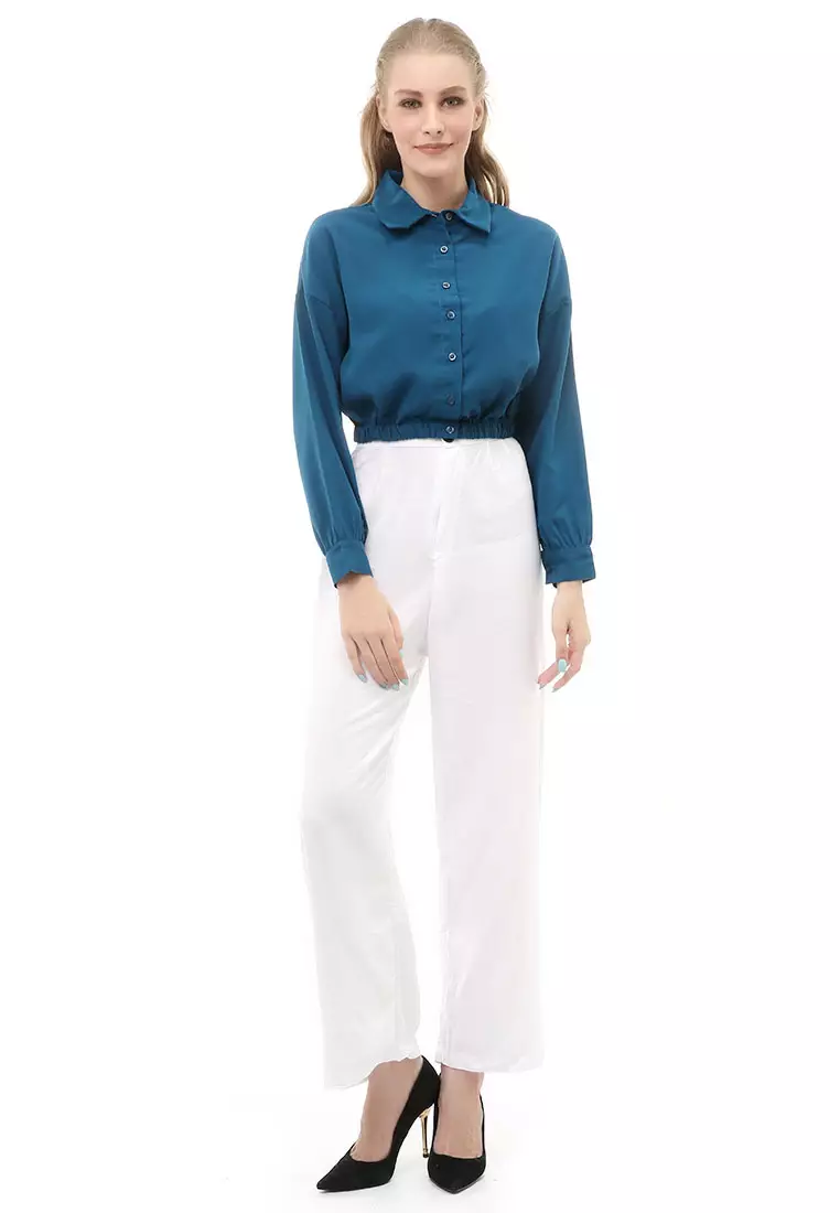 Holly Atasan Kasual Wanita Kemeja Lengan Panjang Shirt Long Sleeve Variasi Karet Pinggang Material Woven ORIGINAL - Tosca